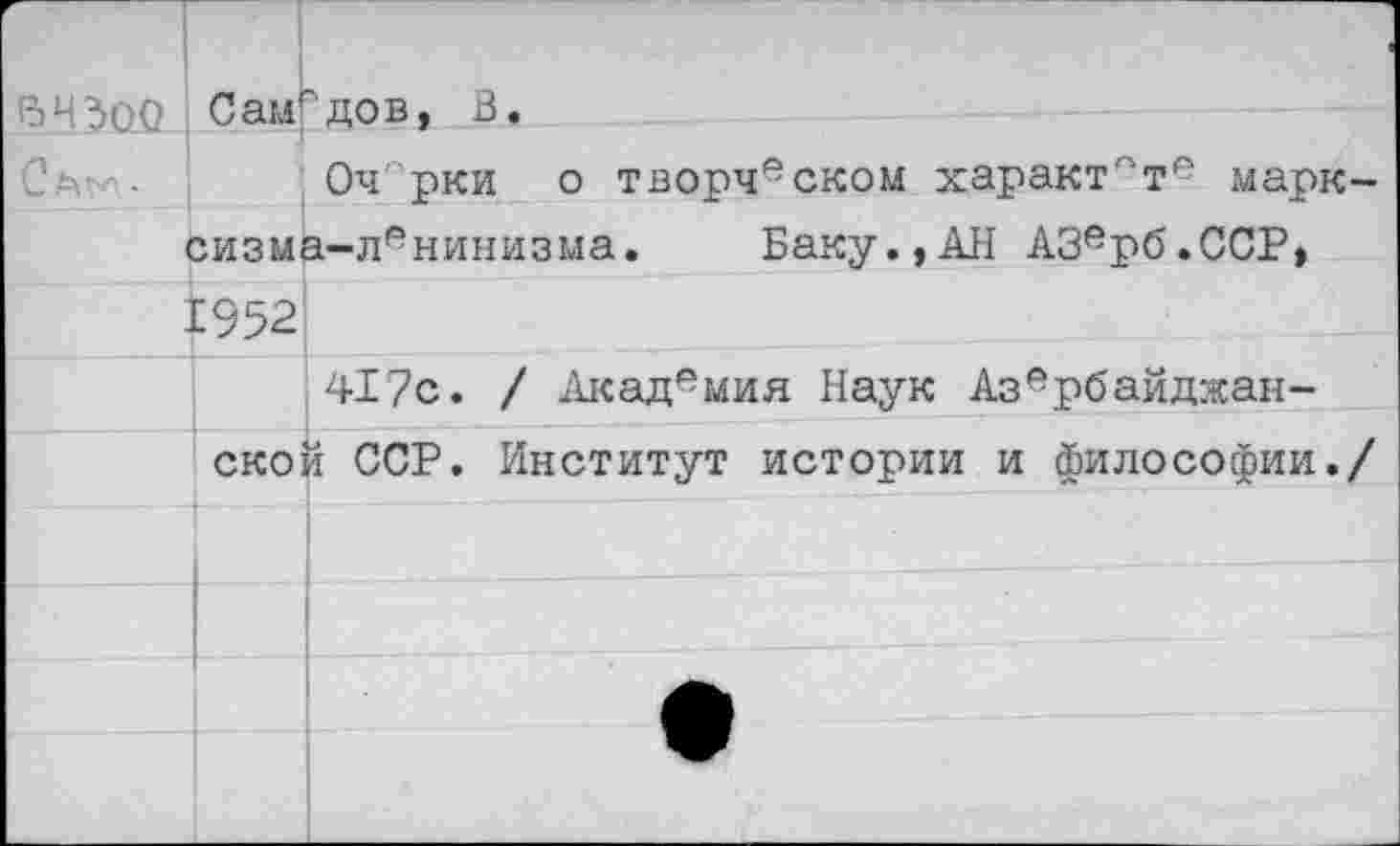 ﻿54300 Самгдов, В.
Са-'- Оч'рки о творческом характ°те марксизма-ленинизма. Баку.,АН АЗерб.ССР, 1952
417с. / Академия Наук Азербайджанской ССР. Институт истории и философии./